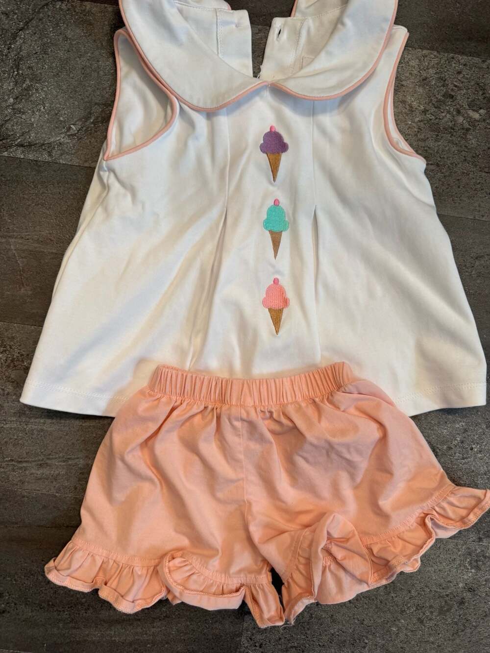 Stitchy Fish Ice Cream Applique Top and Ruffle Shorts Set